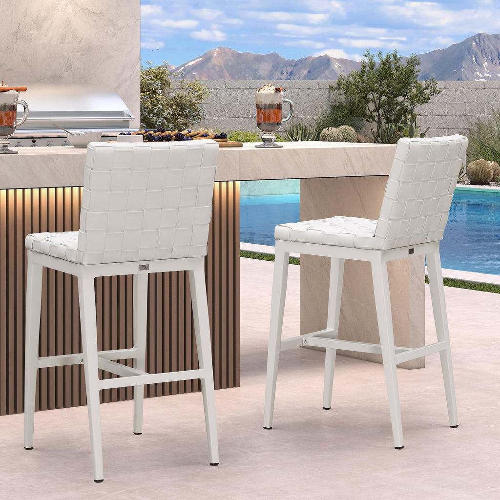 PURPLE LEAF Outdoor Counter Height Stools Set of 2, PU Leather Patio Bar Set with Aluminum Frame, Bar Chairs for Poolside, Garden, Kitchen Island