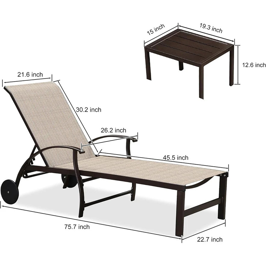 PURPLE LEAF Outdoor Chaise Lounge Patio Pool Lounger Aluminum Chairs with Side Table Adjustable Tanning Recliner for Outside Yard Deck Lawn Garden Beach