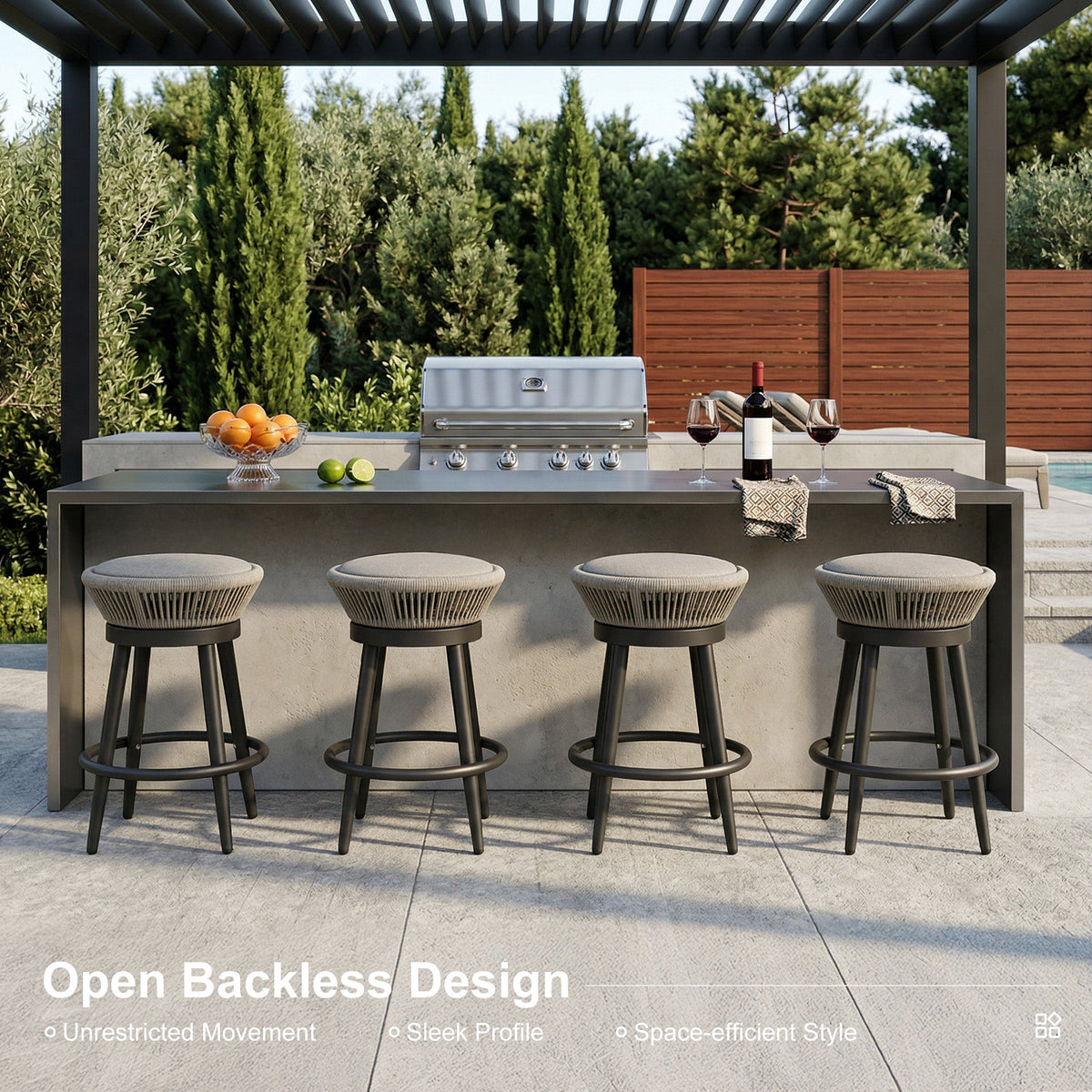 PURPLE LEAF Outdoor Swivel Bar Stools Set of 2 Metal Modern Rattan Bar Chairs with Backrest Aluminum Woven Barstools with Cushions