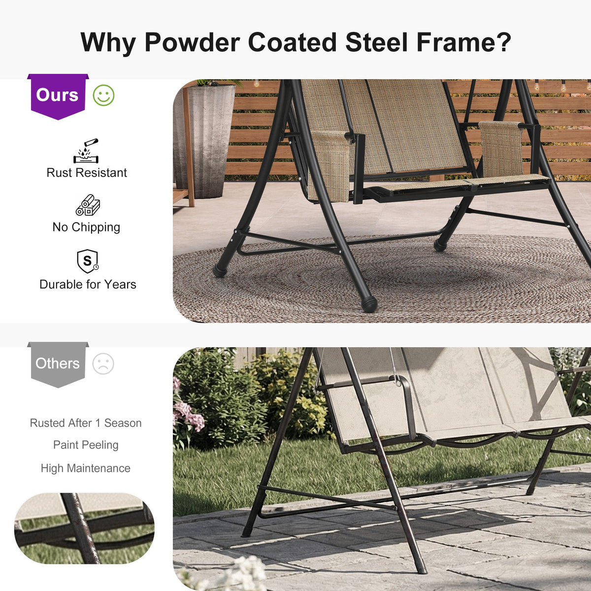 PURPLE LEAF Porch Swing with Adjustable Tilt Canopy Patio Swing with Stand and Meatl Steel Frame All-Weather Outdoor Swing Chair Seat Space-Saving for Backyard Garden Deck