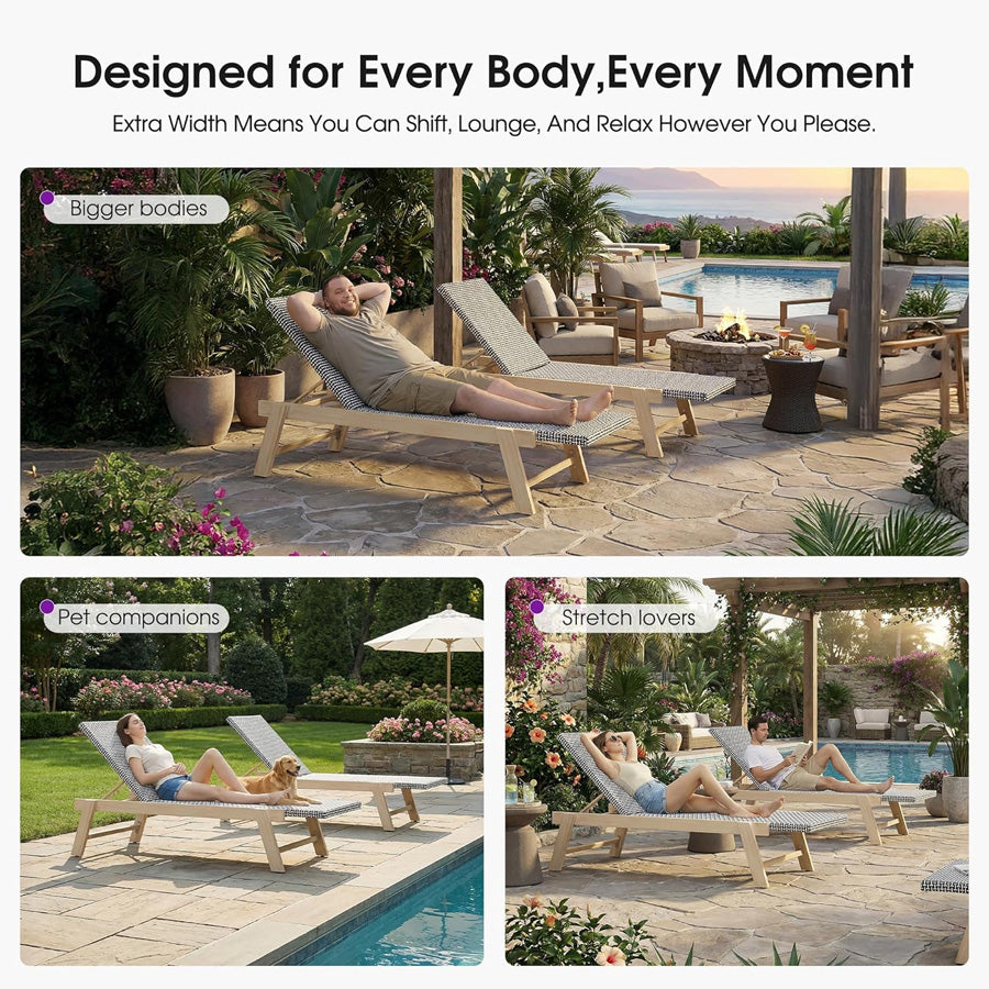 PURPLE LEAF Extra Large Patio Chaise Lounge French Outdoor Wicker Lounger Matte Teak Aluminum Frame 771LBS Capacity PE Rattan Adjustable Backrest for Pool Garden Beach Backyard