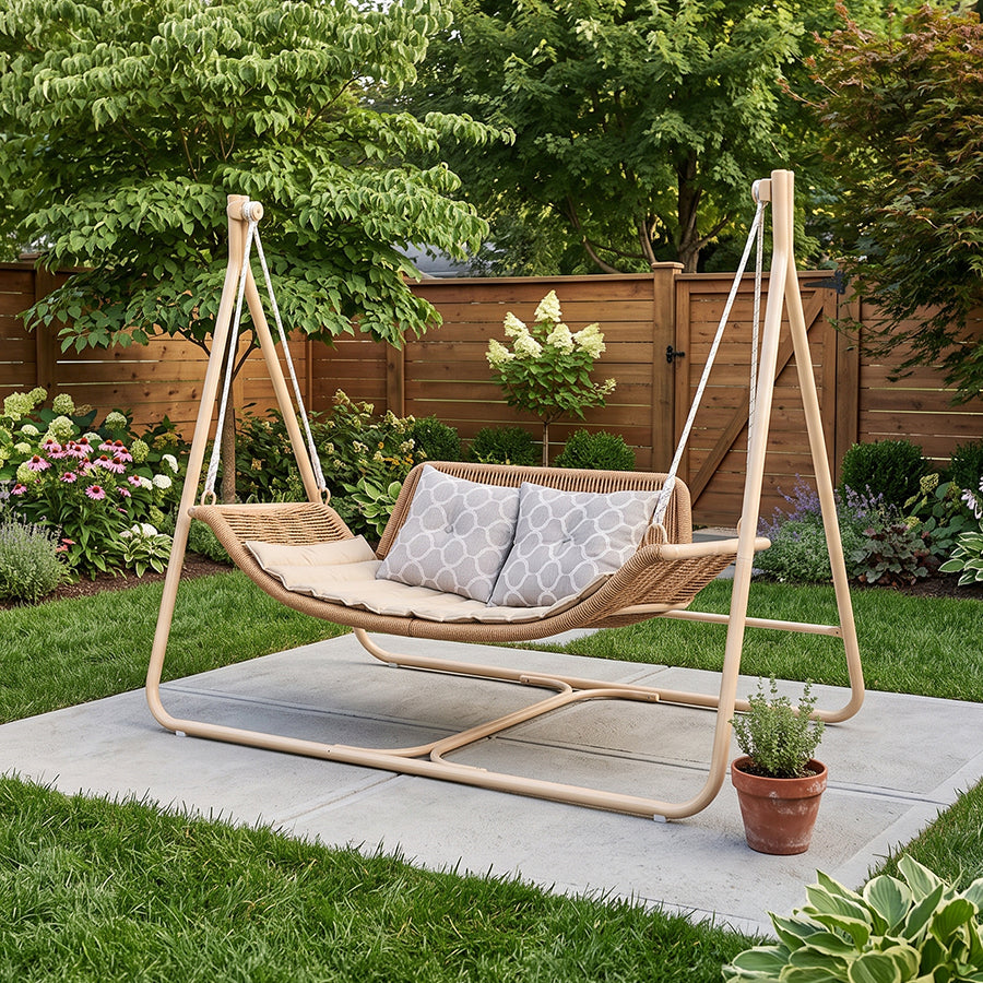PURPLE LEAF Double Cloud Hanging Chair - Outdoor Patio Rattan Swing Chair with Cushion and Backrest.