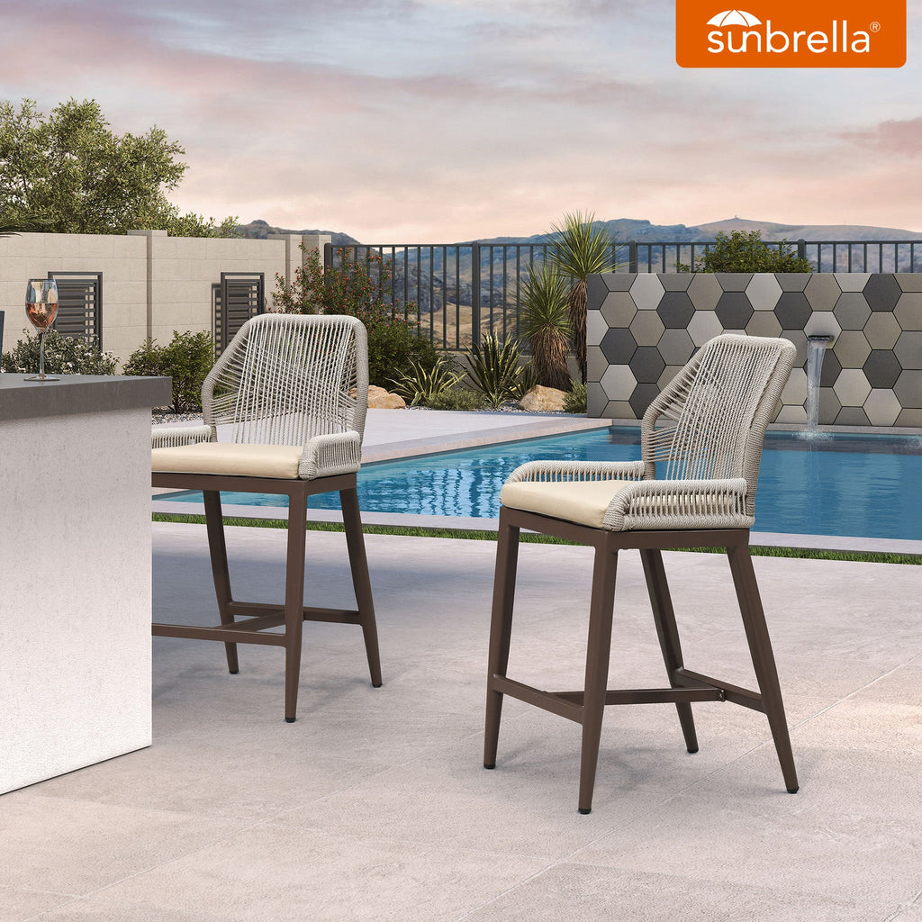 PURPLE LEAF Patio Sunbrella Bar Stools Set of 2  Rattan Bar Aluminum Bar Stool Outdoor Barstools with Back and Cushion for Garden Kitchen Island