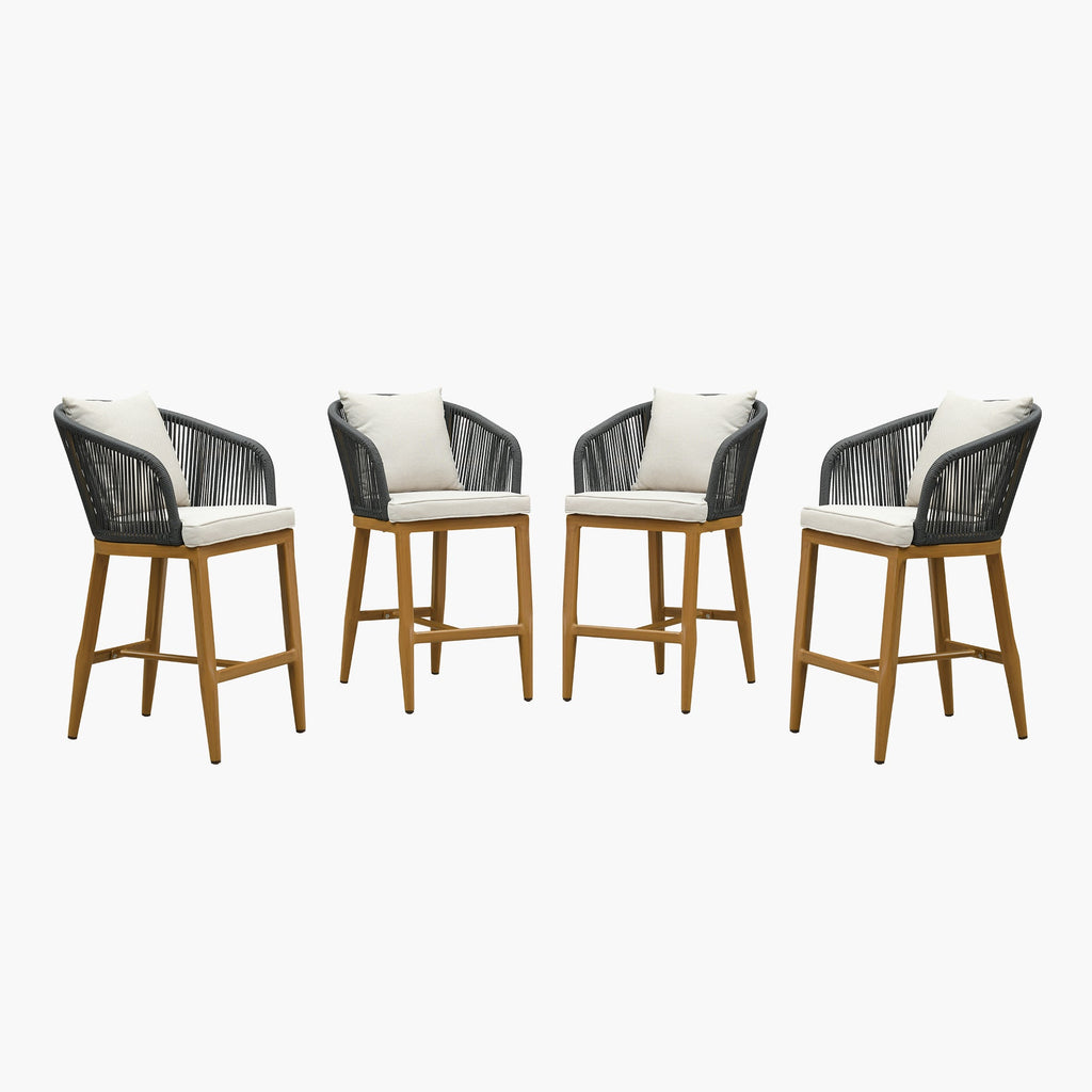 PURPLE LEAF Outdoor Bar Stools Patio Modern Aluminum Rattan High Back & Arms Bar Chairs with Removable Cushions and Pillows  for Outdoor or Indoor