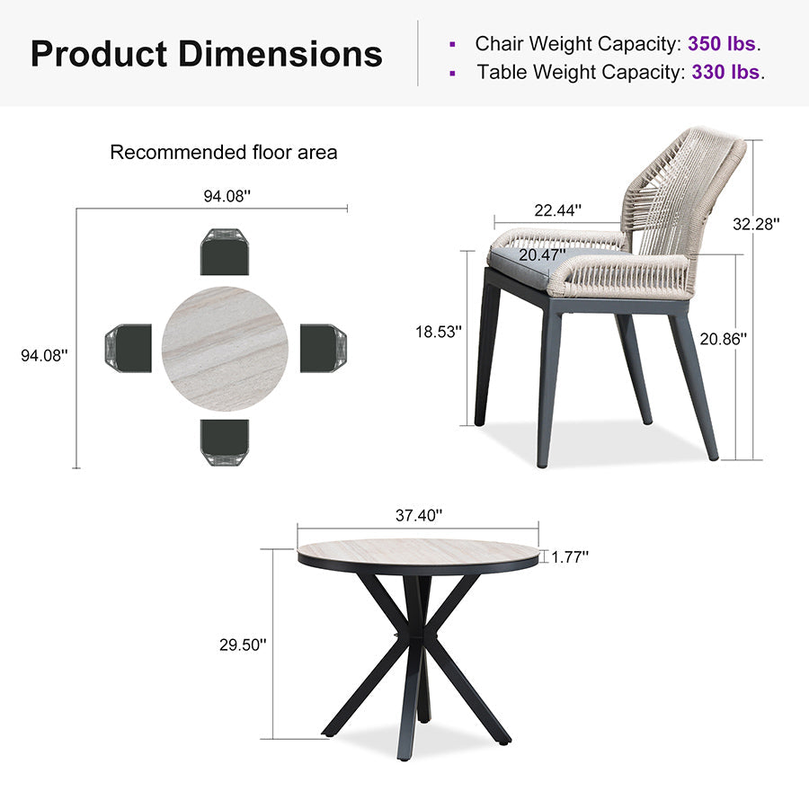 PURPLE LEAF Round Outdoor Dining Set Patio Aluminum Dining Set Round Table and Wicker Chairs with Sunbrella Cushions for Kitchen Deck