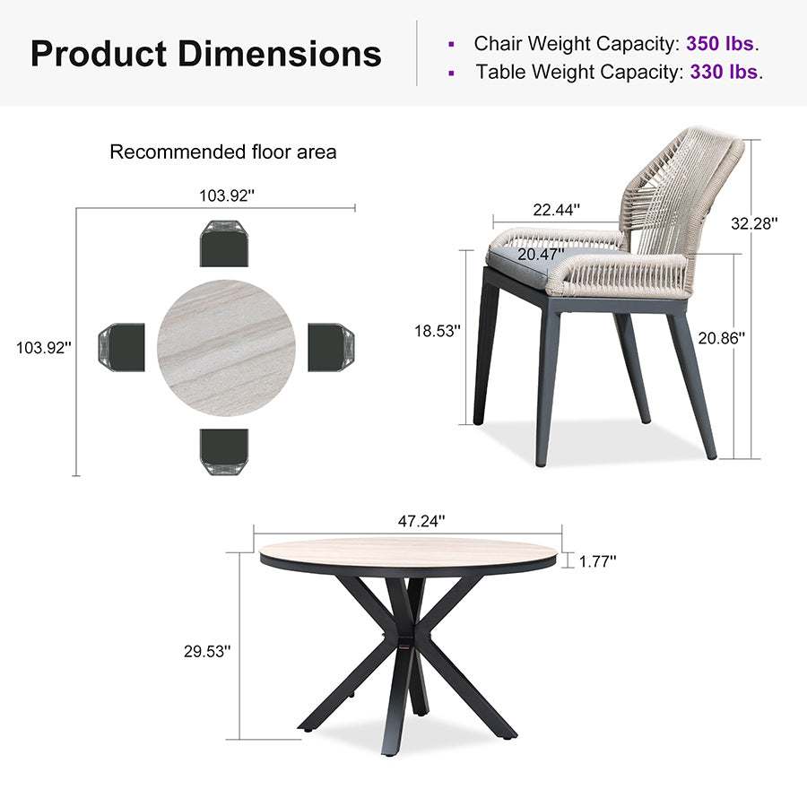 PURPLE LEAF Round Outdoor Dining Set Patio Aluminum Dining Set Round Table and Wicker Chairs with Sunbrella Cushions for Kitchen Deck