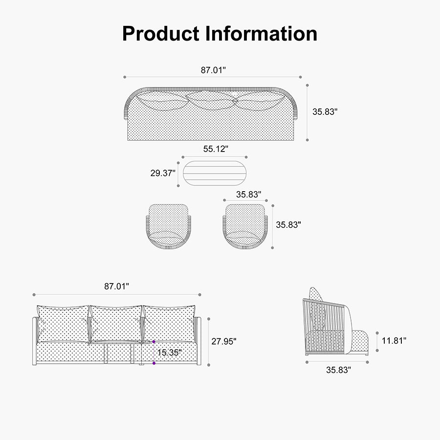 PURPLE LEAF Hailar U-Shaped Patio Conversation Set with Genuine Teak Cushions and Pillows Olefin Rope Backrest Outdoor Couch Sets for Porch Garden
