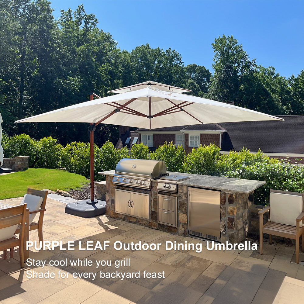 PURPLE LEAF Outdoor Garden Umbrella with Base, Cantilever Umbrellas in Wood Color