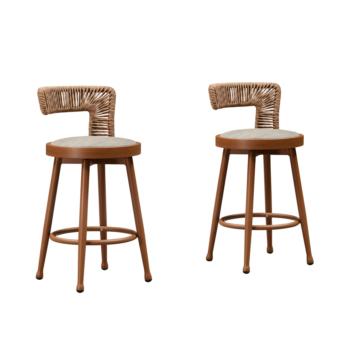 PURPLE LEAF Outdoor Swivel Bar Stools Set of 2 Metal Modern Rattan Bar Chairs with Backrest Aluminum Woven Barstools with Cushions