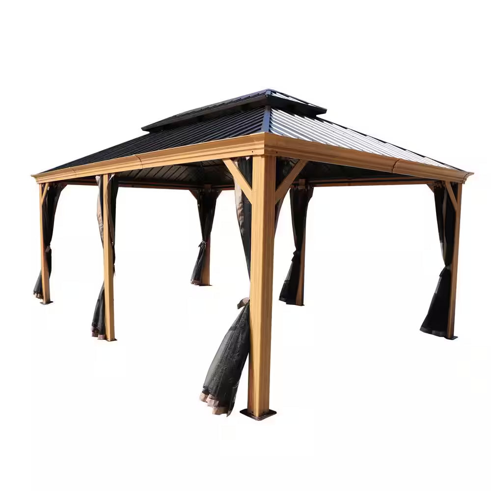 12 Ft. X 18 Ft. Wood like Aluminum Hardtop Gazebo with Galvanized Steel Roof and Mosquito Net