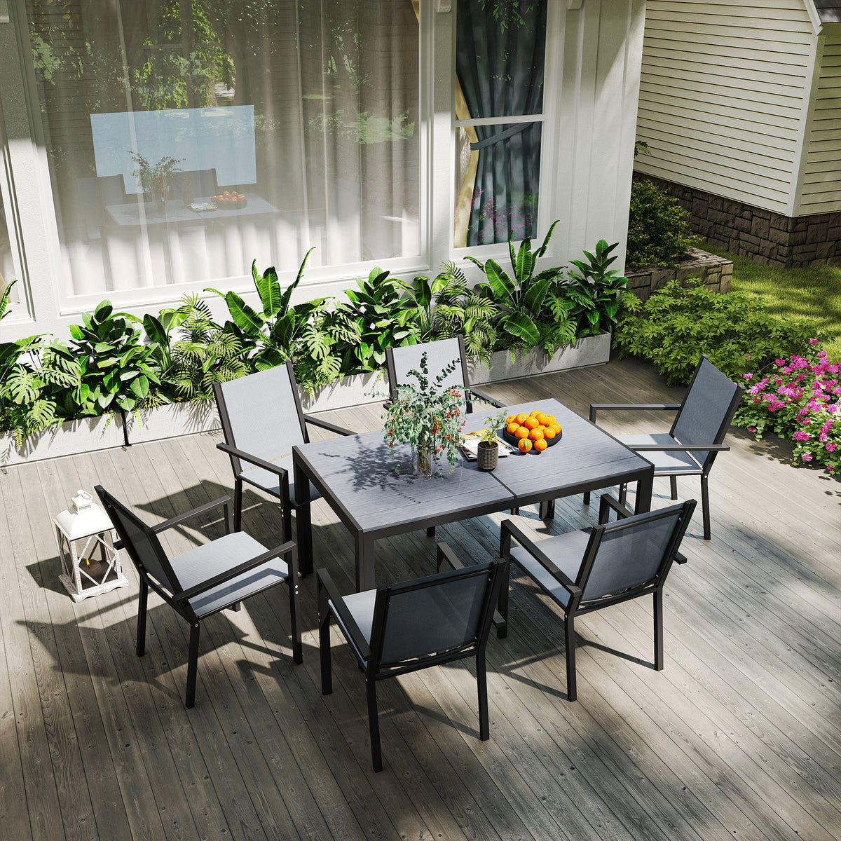 7pc Patio Dining Set with WPC Table and 6 Stackable Chairs, Light Grey