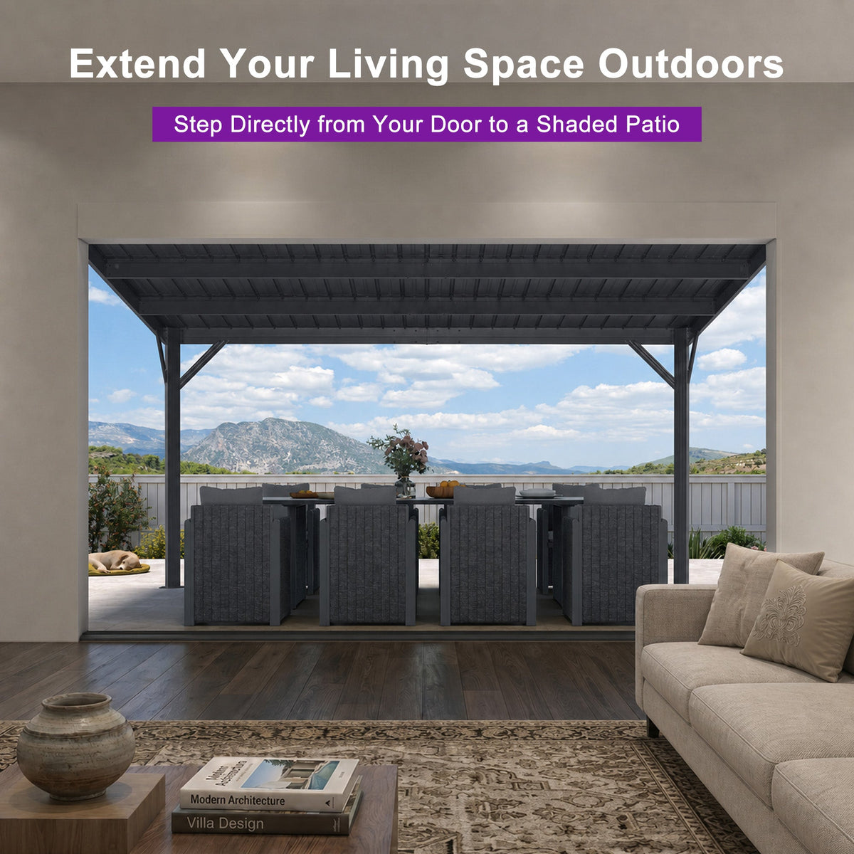 PURPLE LEAF Lean to Gazebo Metal Roof Patio Cover Built-in Drain Slots Wall Mounted Gazebo for Outdoor Extension