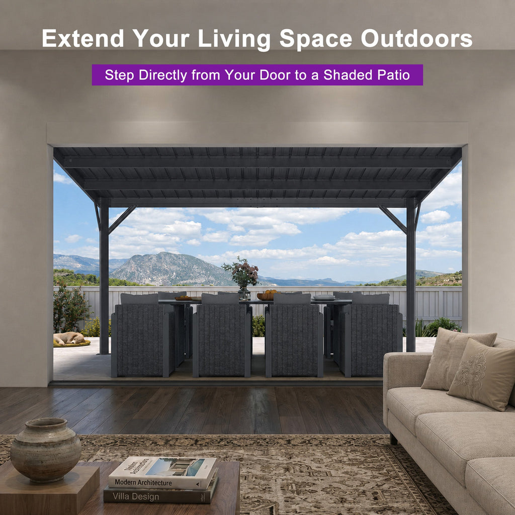 PURPLE LEAF Lean to Gazebo Metal Roof Patio Cover Built-in Drain Slots Wall Mounted Gazebo with Lights-clear for Outdoor Extension