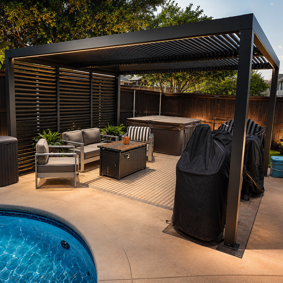 PURPLE LEAF Athena Louvered Pergola Grey Outdoor Aluminum Pergola with Shutter Wall Adjustable Gazebo Rainproof for Patio Deck Garden