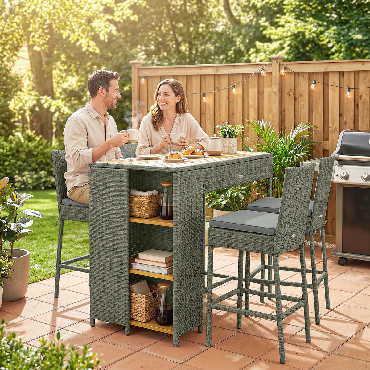 5 Piece Outdoor Bar Set with Storage Table and Cushions, Gray