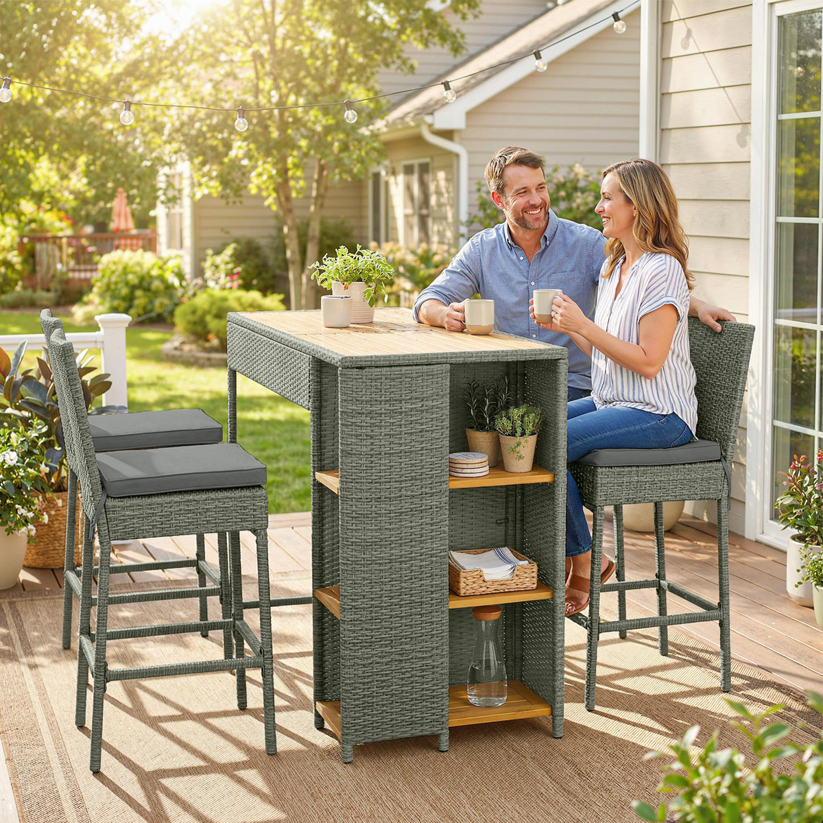 5 Piece Outdoor Bar Set with Storage Table and Cushions, Gray
