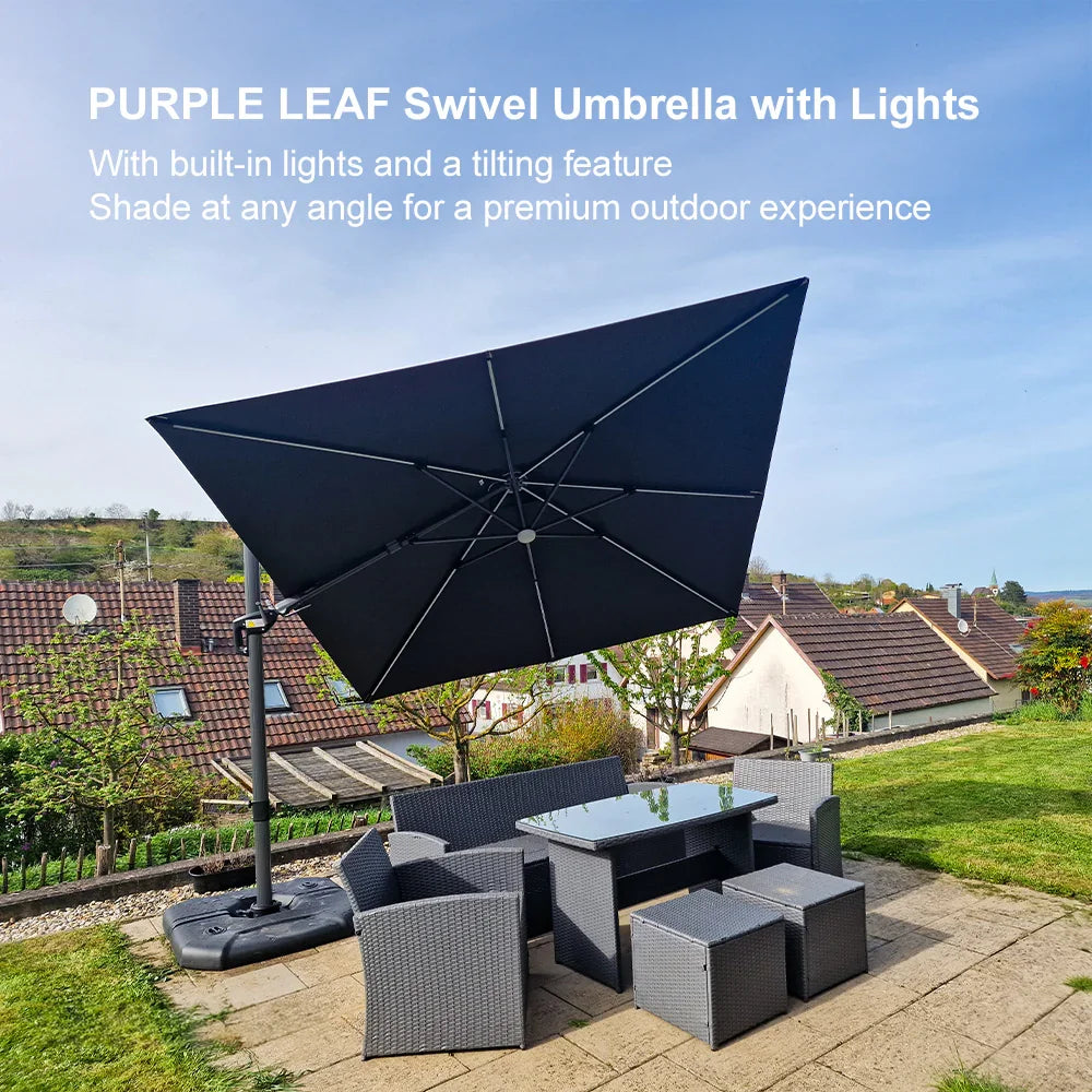 PURPLE LEAF – Parasol de terrasse déporté 10ft avec éclairage LED, rotation 360° et inclinaison