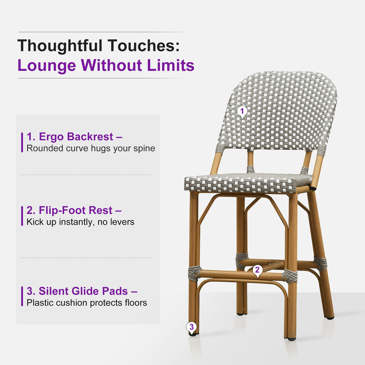 PURPLE LEAF Outdoor Bar Height Stools Set of 2 French Country Patio Rattan Bar Stool Chairs Outdoor Armless Barstools for Porch Garden Indoor Kitchen