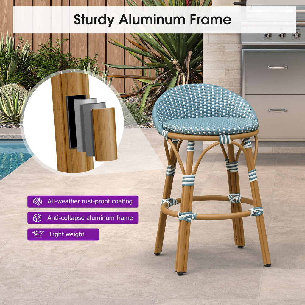 PURPLE LEAF Patio Oversized Backrest Bar Height Stool Set of 2 Outdoor Round Barstools Aluminum Frame Woven Rattan for Indoor Kitchen Dining Bistros Cafe Restaurant