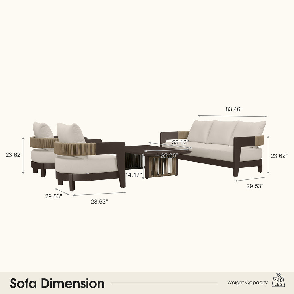 PURPLE LEAF Tuscany U-Shaped Patio Conversation Set with Removable Cushions and Pillows Bronze Aluminum Frame Outdoor Couch Sets for Porch Yard Garden