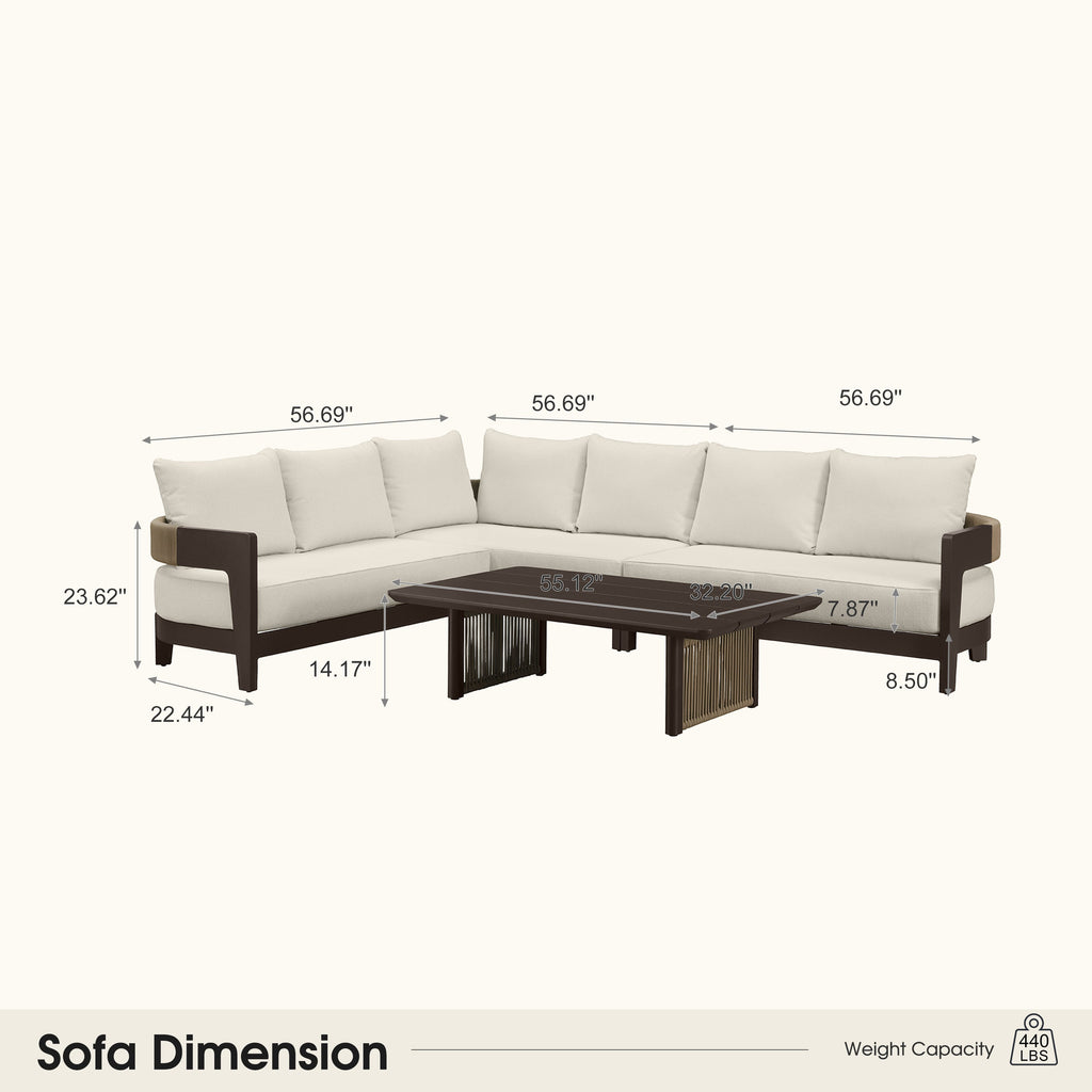 PURPLE LEAF Tuscany L-Shaped Patio Conversation Set with Removable Cushions and Pillows Bronze Aluminum Frame Outdoor Couch Sets for Porch Yard Garden