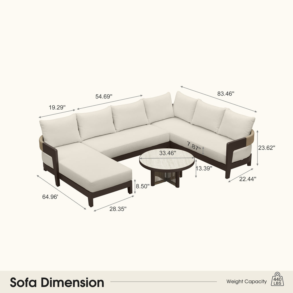 PURPLE LEAF Tuscany U-Shaped Patio Conversation Set with Removable Cushions and Pillows Bronze Aluminum Frame Outdoor Couch Sets for Porch Yard Garden