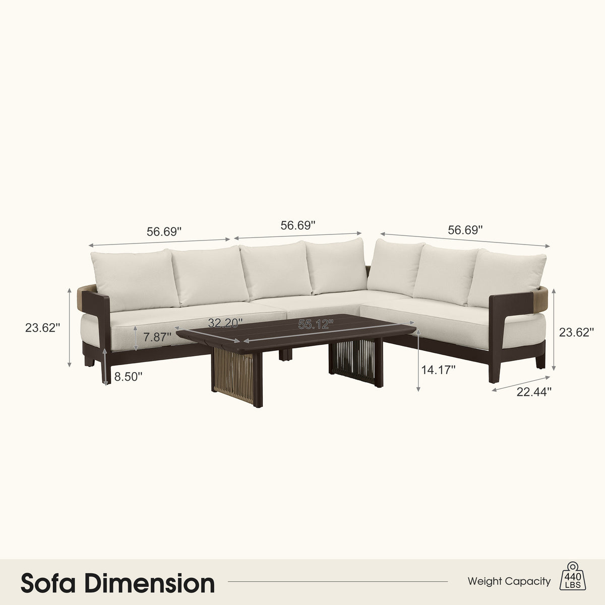 PURPLE LEAF Tuscany L-Shaped Patio Conversation Set with Removable Cushions and Pillows Bronze Aluminum Frame Outdoor Couch Sets for Porch Yard Garden