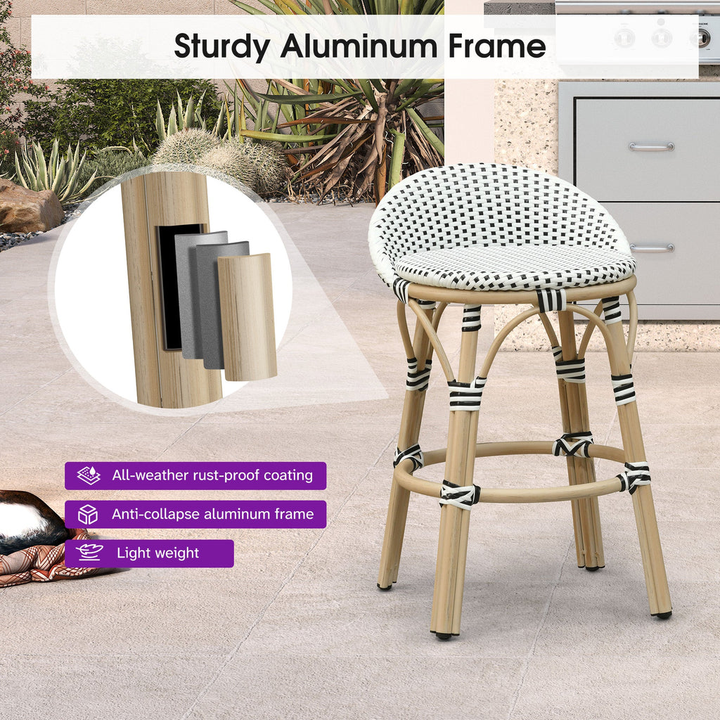 PURPLE LEAF Patio Oversized Backrest Bar Height Stool Set of 2 Outdoor Round Barstools Aluminum Frame Woven Rattan for Indoor Kitchen Dining Bistros Cafe Restaurant
