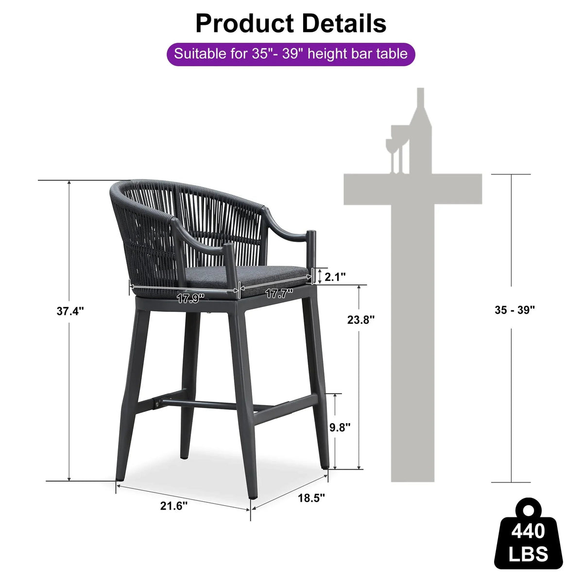 PURPLE LEAF Patio Bar Stools Set of 2 Outdoor Wicker Modern High Bar Chairs Metal Cushioned Barstools with Backs and Ergonomic Armrest