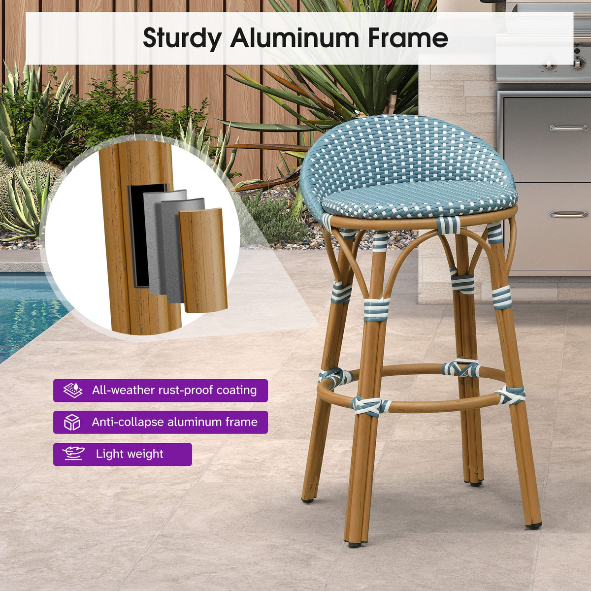 PURPLE LEAF Patio Oversized Backrest Bar Height Stool Set of 2 Outdoor Round Barstools Aluminum Frame Woven Rattan for Indoor Kitchen Dining Bistros Cafe Restaurant