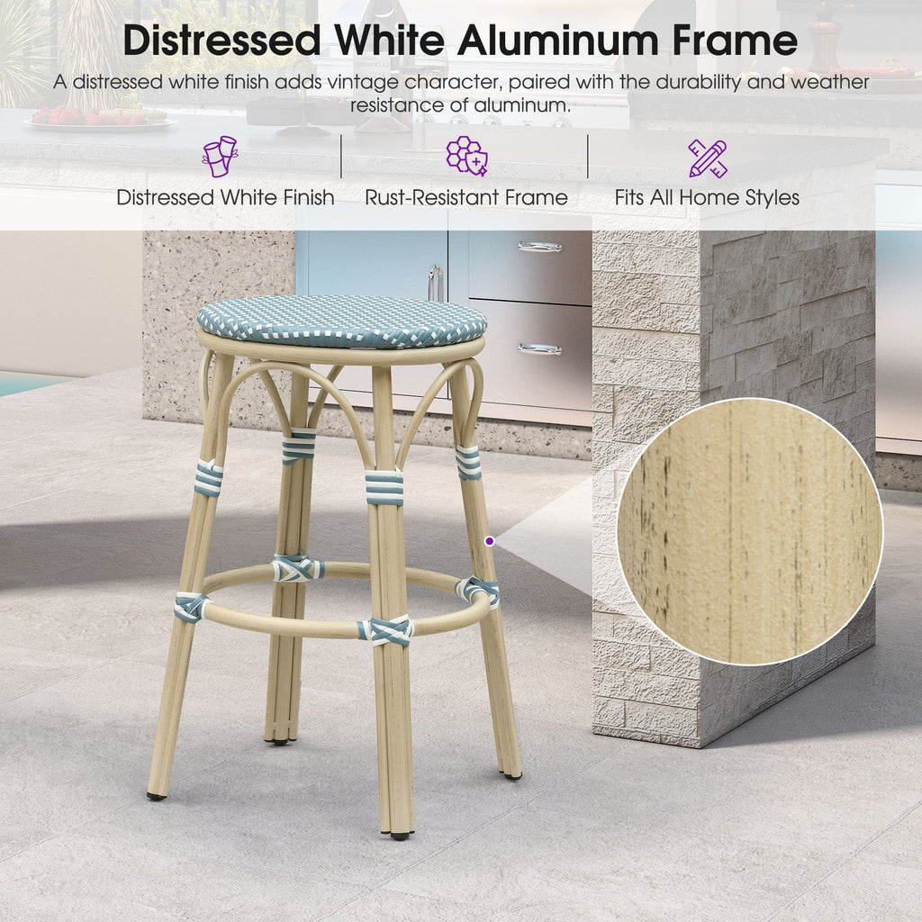 PURPLE LEAF Patio French Round Counter Stool Set of 2 Rattan Backless Stackable Barstools Aluminum Frame Footrest with Woven Wicker for Outdoor Kitchen Yard