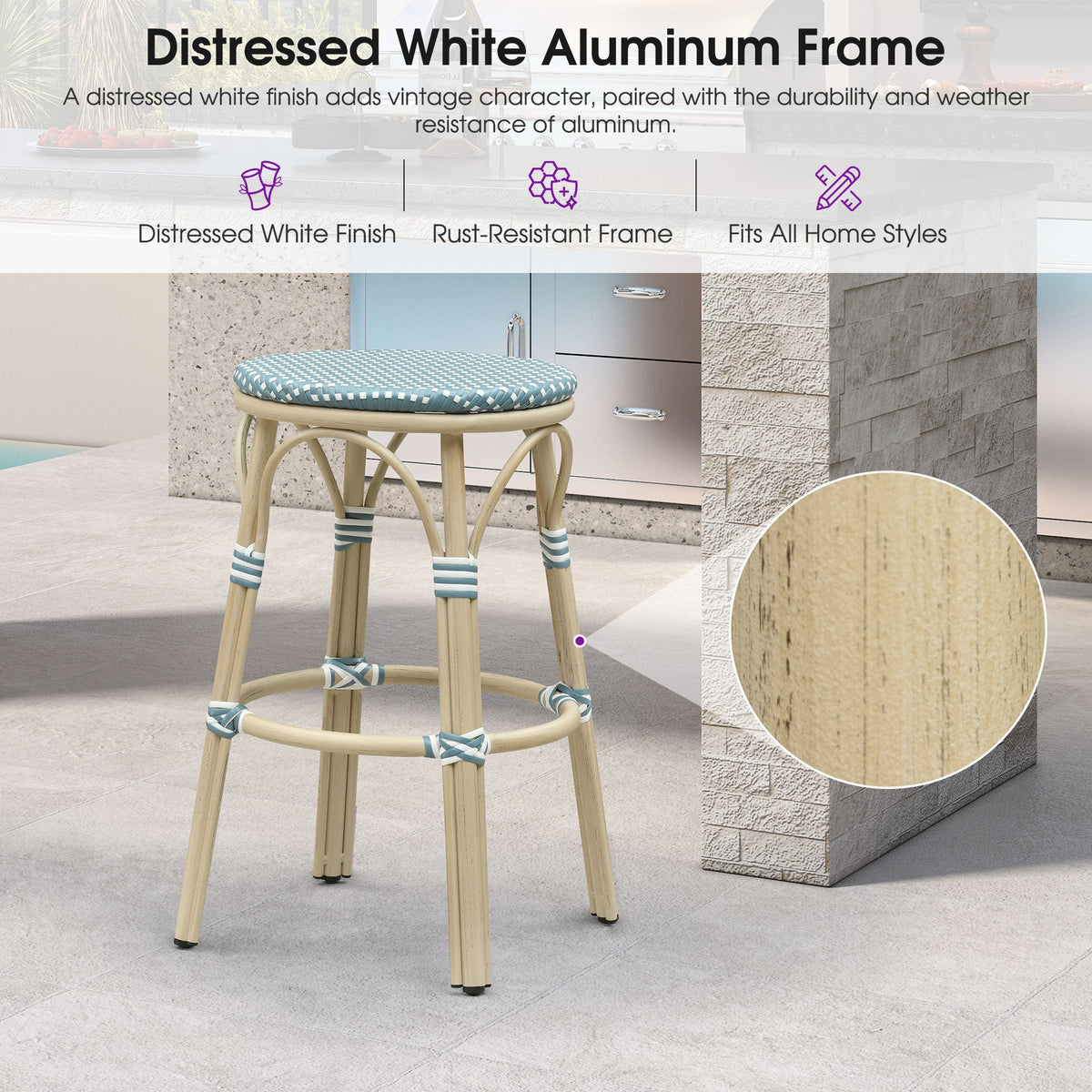 PURPLE LEAF Patio French Round Counter Stool Set of 2 Rattan Backless Stackable Barstools Aluminum Frame Footrest with Woven Wicker for Outdoor Kitchen Yard