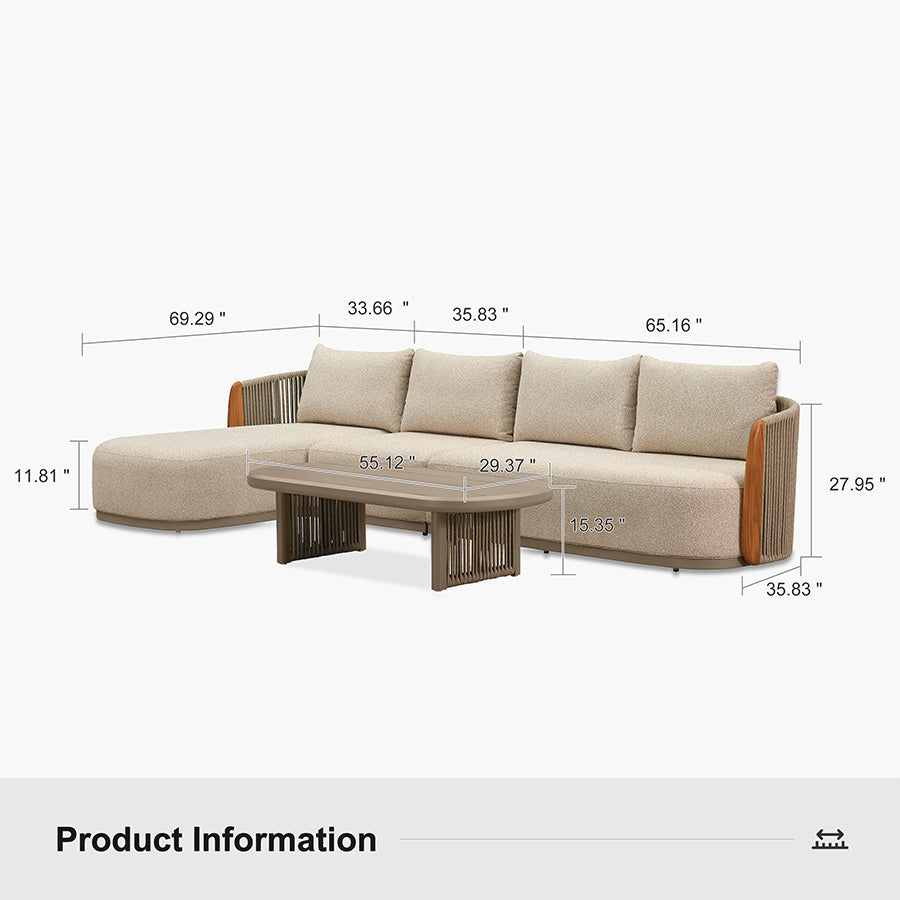 PURPLE LEAF Hailar L-Shaped Patio Conversation Set with Genuine Teak Cushions and Pillows Olefin Rope Backrest Outdoor Couch Sets for Backyard Porch