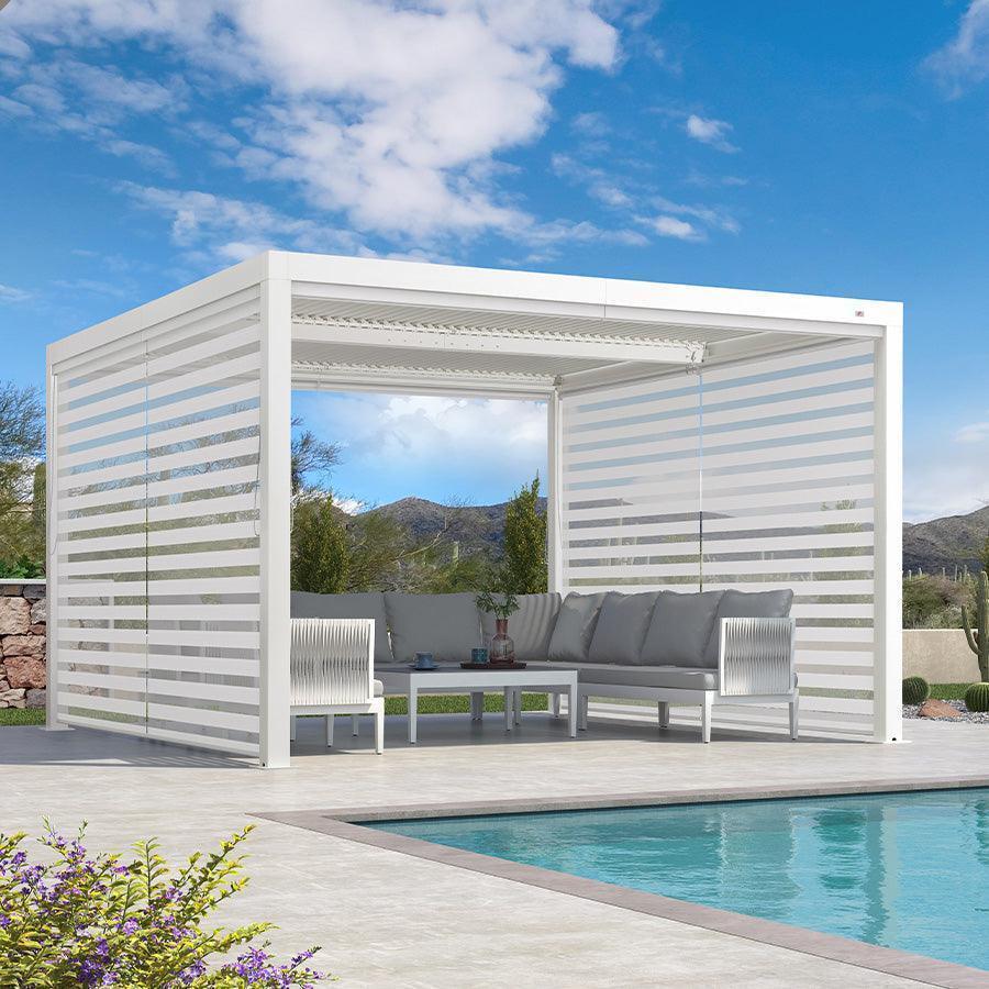 PURPLE LEAF Athena Louvered Pergola White Outdoor Aluminum Pergola with Roller Blind Adjustable Gazebo for Patio Deck Garden