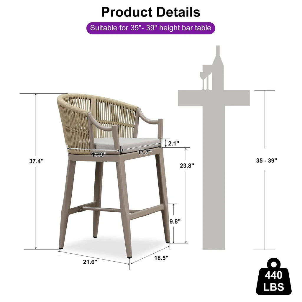 PURPLE LEAF Patio Bar Stools Set of 2 Outdoor Wicker Modern High Bar Chairs Metal Cushioned Barstools with Backs and Ergonomic Armrest
