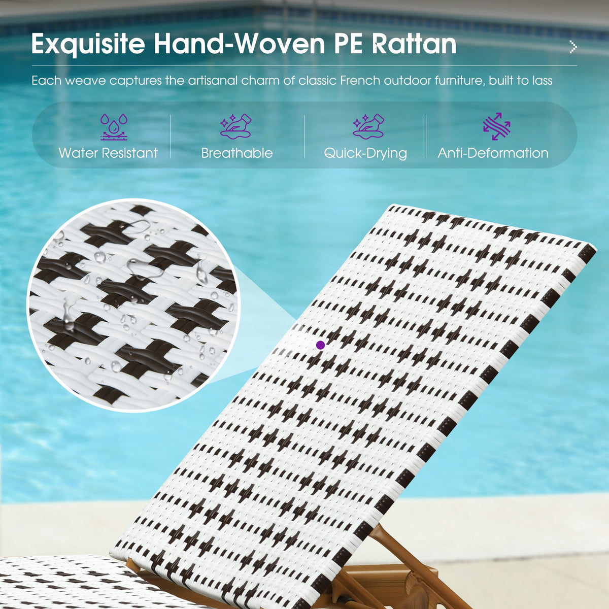 PURPLE LEAF Outdoor Teak Chaise Lounge Chair, Wood Grain Aluminum Outdoor Pool Lounge Chairs with Adjustable Backrest, Breathable Recliner for Patio, Poolside, Garden