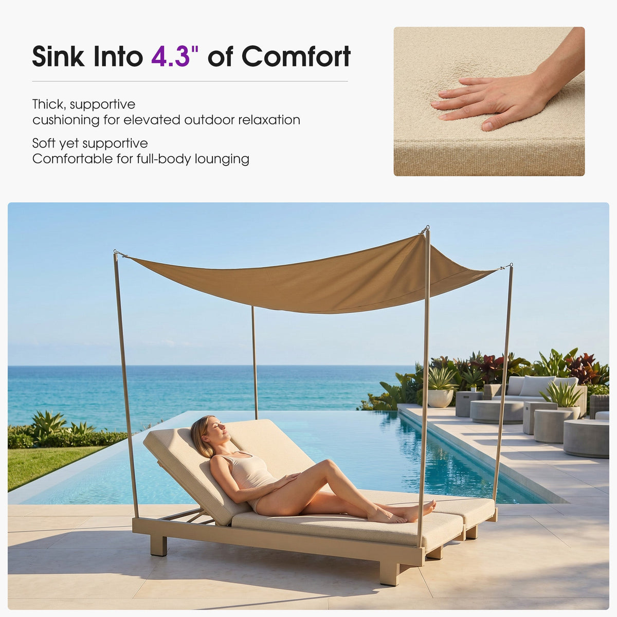 PURPLE LEAF Outdoor Luxury Daybed for Patio,  Poolside Chaise Lounge Bed with Cushion, Olefin Blend Fabric, Aluminum Frame Sunbed for Deck and Backyard