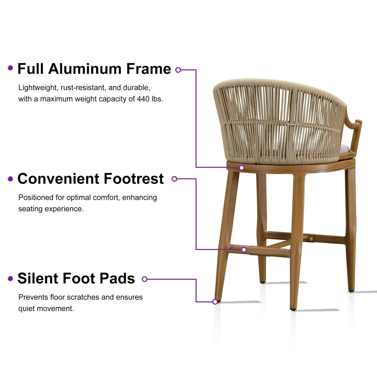 PURPLE LEAF Patio Bar Stools Set of 2 Outdoor Wicker Modern High Bar Chairs Metal Cushioned Barstools with Backs and Ergonomic Armrest