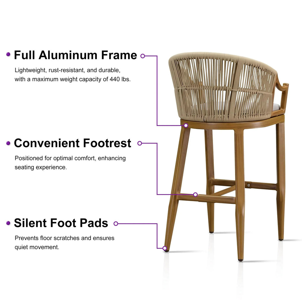 PURPLE LEAF Patio Bar Stools Set of 2 Outdoor Wicker Modern High Bar Chairs Metal Cushioned Barstools with Backs and Ergonomic Armrest