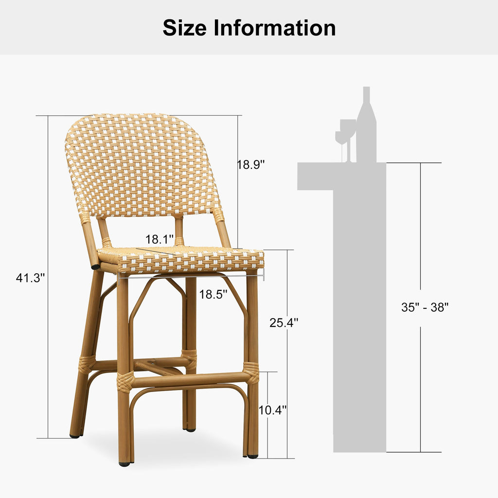 PURPLE LEAF Outdoor Bar Height Stools Set of 2 French Country Patio Rattan Bar Stool Chairs Outdoor Armless Barstools for Porch Garden Indoor Kitchen