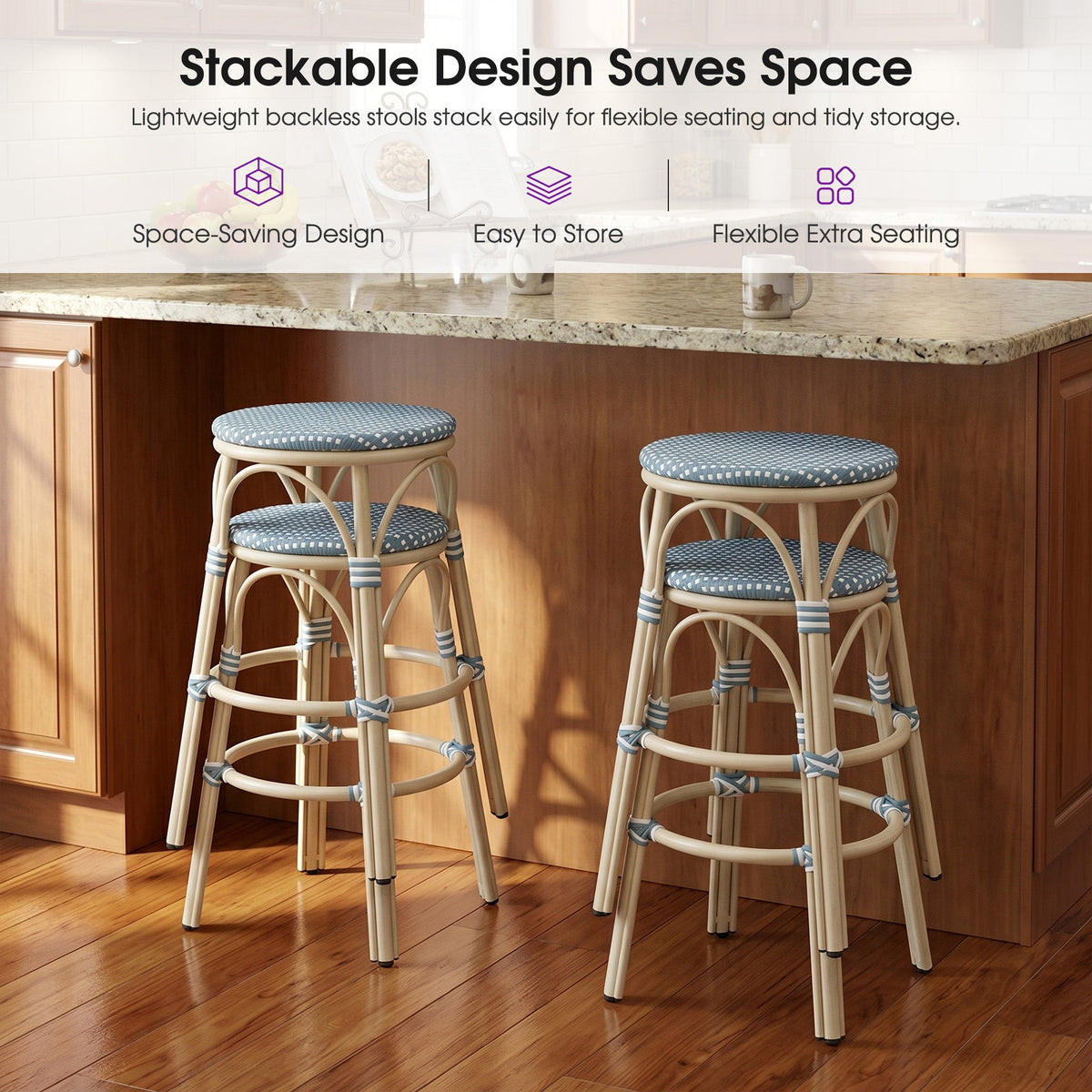 PURPLE LEAF Patio French Round Counter Stool Set of 2 Rattan Backless Stackable Barstools Aluminum Frame Footrest with Woven Wicker for Outdoor Kitchen Yard