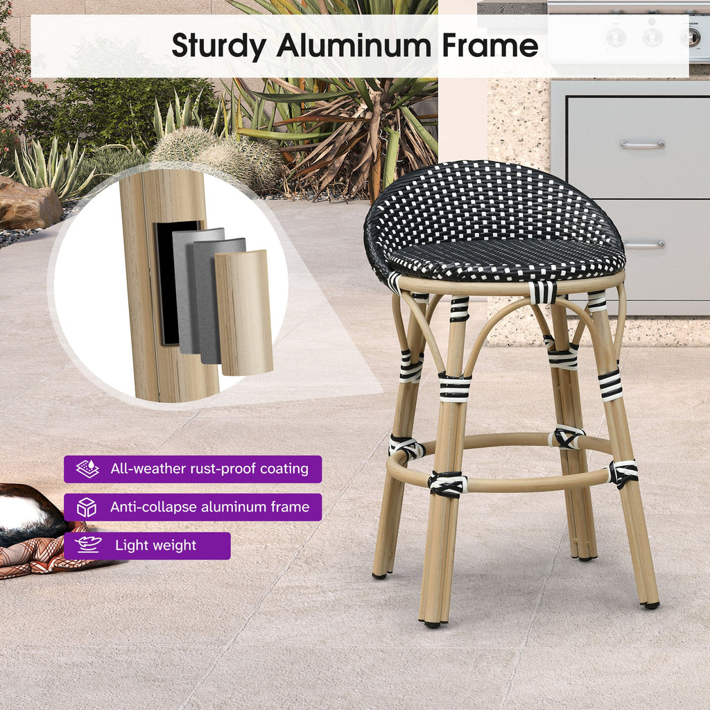 PURPLE LEAF Patio Oversized Backrest Bar Height Stool Set of 2 Outdoor Round Barstools Aluminum Frame Woven Rattan for Indoor Kitchen Dining Bistros Cafe Restaurant
