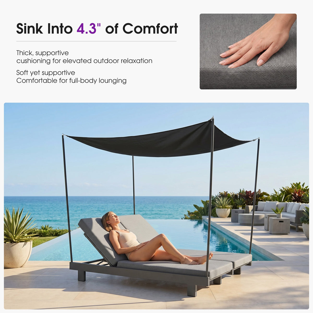 PURPLE LEAF Outdoor Luxury Daybed for Patio,  Poolside Chaise Lounge Bed with Cushion, Olefin Blend Fabric, Aluminum Frame Sunbed for Deck and Backyard