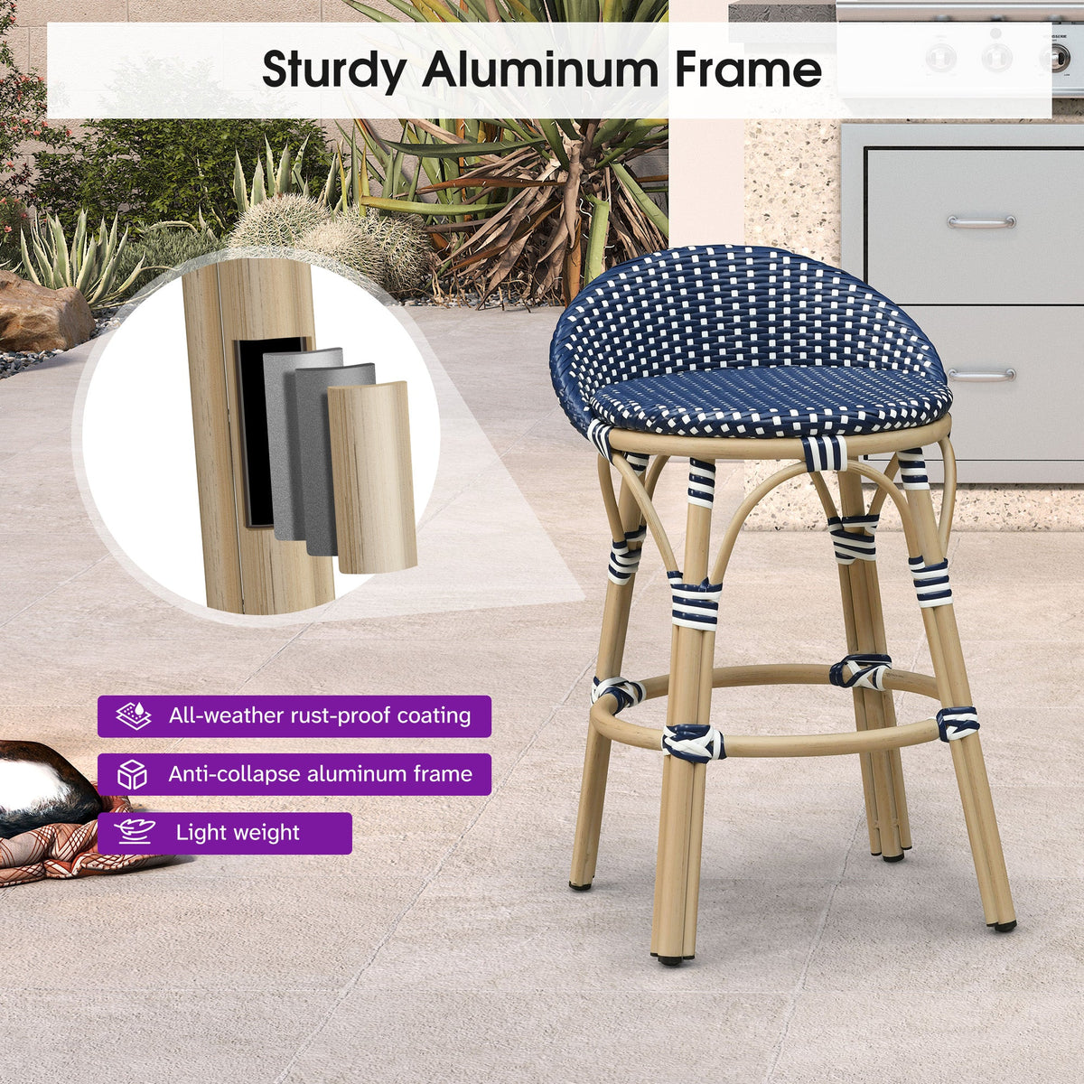 PURPLE LEAF Patio Oversized Backrest Bar Height Stool Set of 2 Outdoor Round Barstools Aluminum Frame Woven Rattan for Indoor Kitchen Dining Bistros Cafe Restaurant