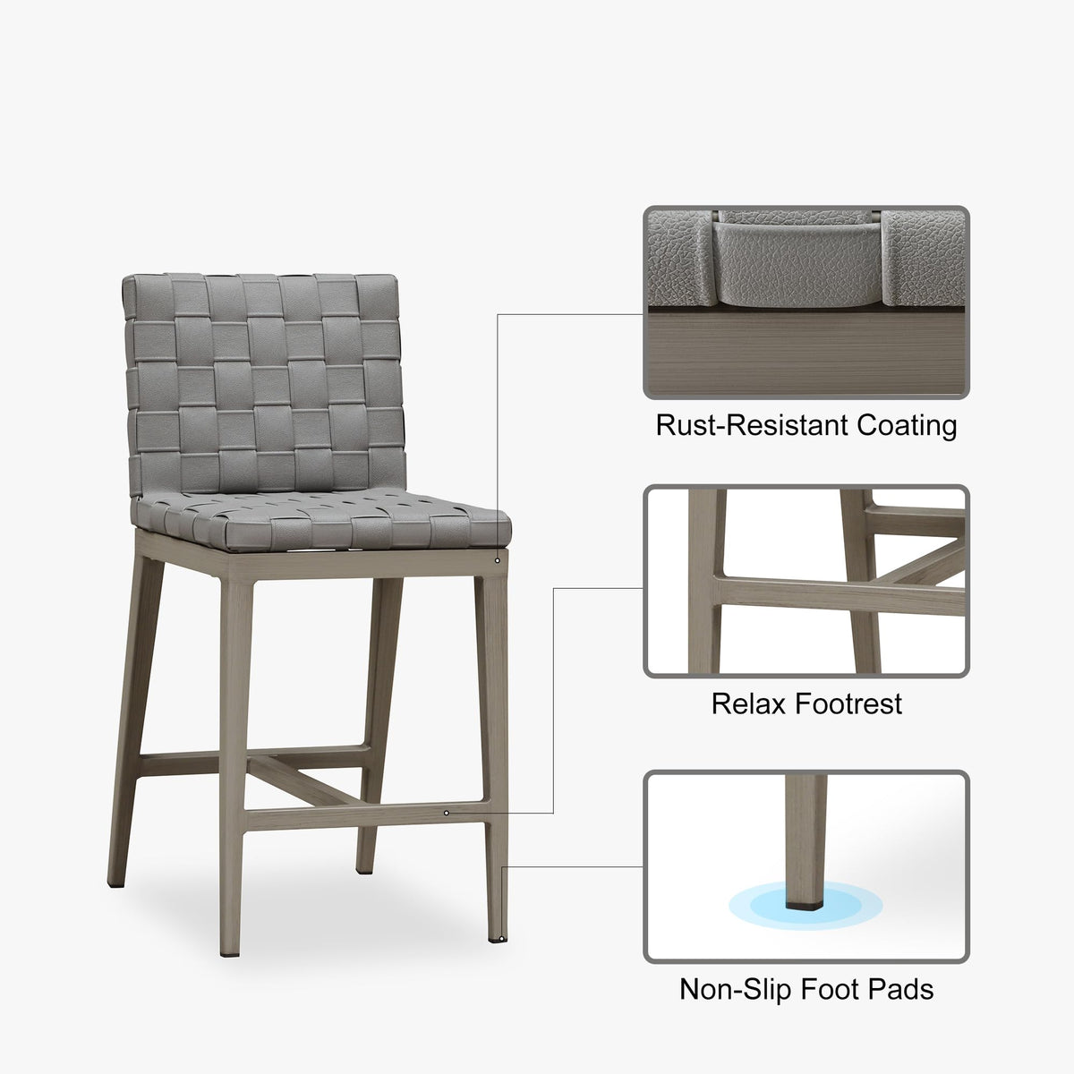 PURPLE LEAF Outdoor Counter Height Stools Set of 2, PU Leather Patio Bar Set with Aluminum Frame, Bar Chairs for Poolside, Garden, Kitchen Island
