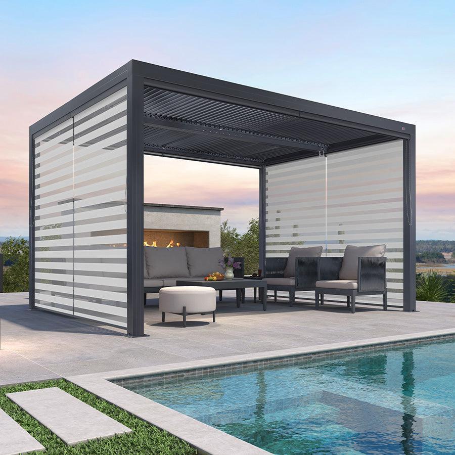 PURPLE LEAF Athena Louvered Pergola Grey Outdoor Aluminum Pergola with Roller Blind Adjustable Gazebo for Patio Deck Garden