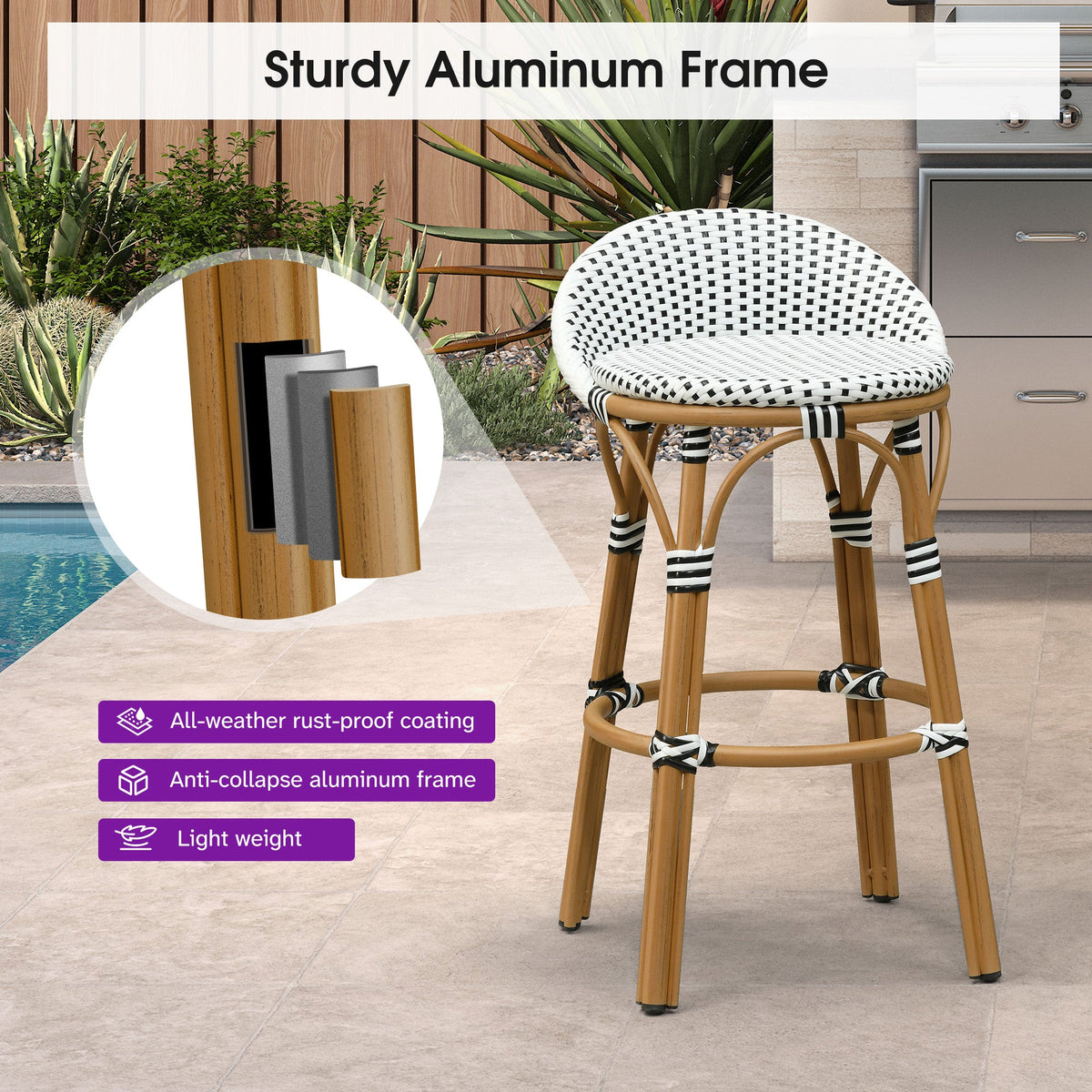 PURPLE LEAF Patio Oversized Backrest Bar Height Stool Set of 2 Outdoor Round Barstools Aluminum Frame Woven Rattan for Indoor Kitchen Dining Bistros Cafe Restaurant