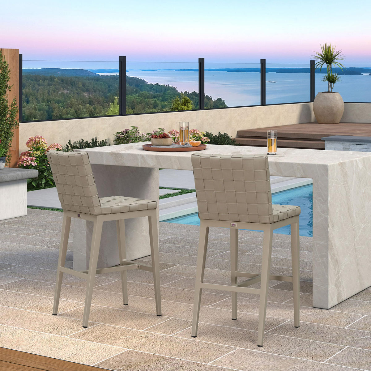 PURPLE LEAF Outdoor Counter Height Stools Set of 2, PU Leather Patio Bar Set with Aluminum Frame, Bar Chairs for Poolside, Garden, Kitchen Island
