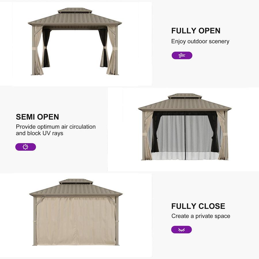 PURPLE LEAF Deck Gazebo Champagne Hardtop Metal Frame Double Roof with Curtains and Netting with Lights-milky
