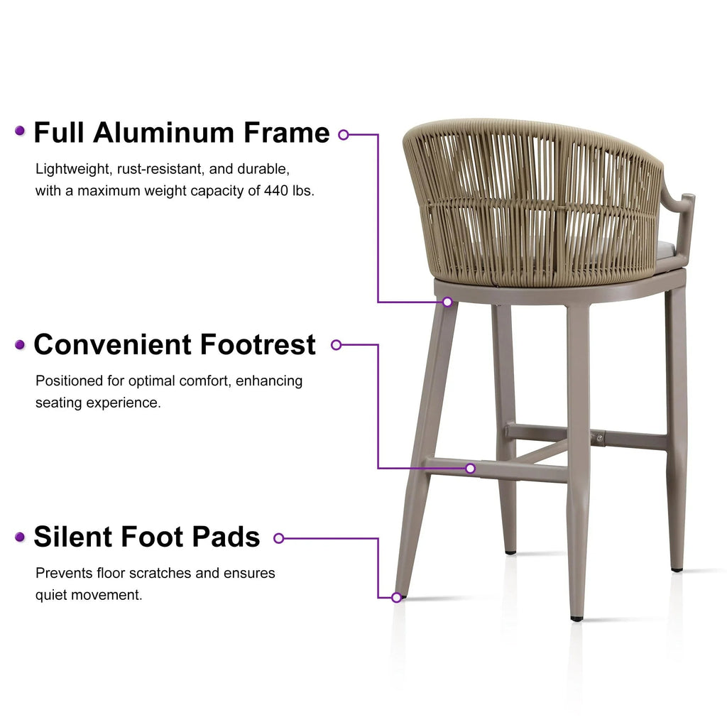 PURPLE LEAF Patio Bar Stools Set of 2 Outdoor Wicker Modern High Bar Chairs Metal Cushioned Barstools with Backs and Ergonomic Armrest